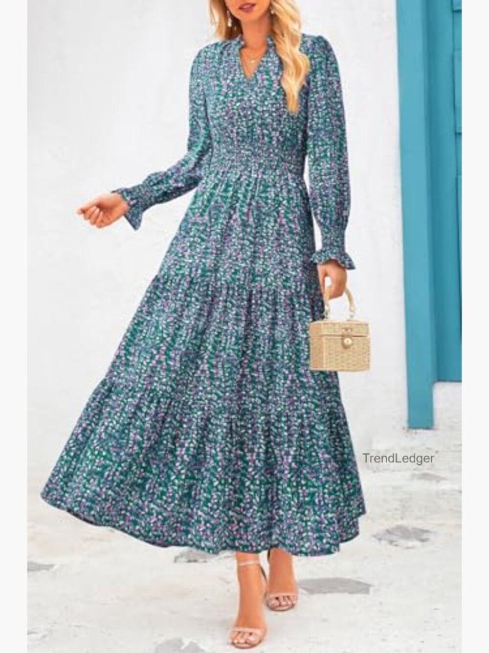 Floral Maxi Dress Long Sleeve V Neck A Line Flowy Boho Fall Dress - Picture 3 of 7